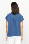 Top Ligne Airflow Contrast Stitch Short Sleeve Blouse in Indigo.  Pointed collar button down with rolled short sleeve and button tab detail.  Back yoke.  Gathered back. Relaxed fit._t_61184832340334