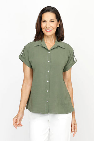 Top Ligne Airflow Contrast Stitch Short Sleeve Blouse in Oregano.  Pointed collar button down with rolled short sleeve and button tab detail.  Back yoke.  Gathered back. Relaxed fit._61184832373102