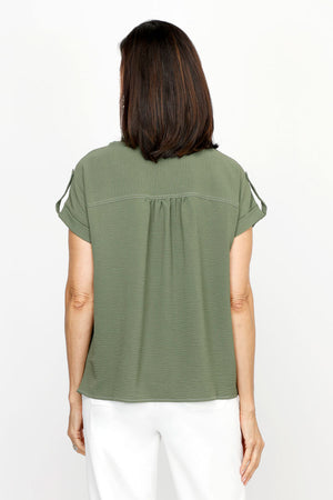Top Ligne Airflow Contrast Stitch Short Sleeve Blouse in Oregano.  Pointed collar button down with rolled short sleeve and button tab detail.  Back yoke.  Gathered back. Relaxed fit._61184832405870