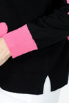 Ten Oh 8 Hearts Crew Sweater in Black.  Intarsia hearts in pink and white.  Contrast cuffs in pink.  Crew neck, long sleeve with dropped shoulders.  Rib trim at neck hem and cuff.  Side slits.  Relaxed fit._t_59519665406318