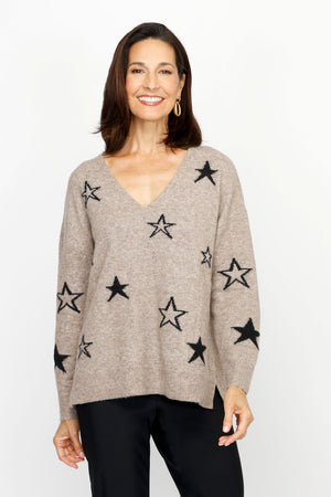 Ten Oh 8 V neck Sweater with Stars in Mocha.  Solid and outlines star print on front and sleeves.  Heathered knit.  Long sleeves.  Rib trim at neck, hem and cuff.  Plain back.  Side slits.  Relaxed fit._61226324787566