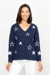 Ten Oh 8 V neck Sweater with Stars in Navy.  Solid and outlines star print on front and sleeves.  Long sleeves.  Rib trim at neck, hem and cuff.  Plain back.  Side slits.  Relaxed fit._t_61493433631086