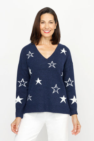 Ten Oh 8 V neck Sweater with Stars in Navy.  Solid and outlines star print on front and sleeves.  Long sleeves.  Rib trim at neck, hem and cuff.  Plain back.  Side slits.  Relaxed fit._61493433631086