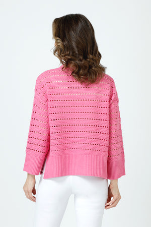 Ten Oh 8 Texture Crew Sweater in Azalea.  Crew neck 3/4 sleeve sweater with deep rib at hem and cuff.  Horizontal pointelle stitching create stripe effect.  Dropped shoulder.  Rib trim at neck.  Side slits.  Relaxed fit._59988280082798