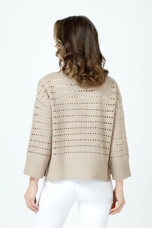 Ten Oh 8 Texture Crew Sweater in Sand.  Crew neck 3/4 sleeve sweater with deep rib at hem and cuff.  Horizontal pointelle stitching create stripe effect.  Dropped shoulder.  Rib trim at neck.  Side slits.  Relaxed fit._59988280279406