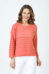 Ten Oh 8 Texture Crew Sweater in Tangerine.  Crew neck 3/4 sleeve sweater with deep rib at hem and cuff.  Horizontal pointelle stitching create stripe effect.  Dropped shoulder.  Rib trim at neck.  Side slits.  Relaxed fit._t_59988280344942