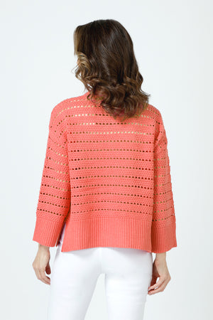 Ten Oh 8 Texture Crew Sweater in Tangerine.  Crew neck 3/4 sleeve sweater with deep rib at hem and cuff.  Horizontal pointelle stitching create stripe effect.  Dropped shoulder.  Rib trim at neck.  Side slits.  Relaxed fit._59988279984494