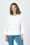 Ten Oh 8 Texture Crew Sweater in White.  Crew neck 3/4 sleeve sweater with deep rib at hem and cuff.  Horizontal pointelle stitching create stripe effect.  Dropped shoulder.  Rib trim at neck.  Side slits.  Relaxed fit._t_59988280050030