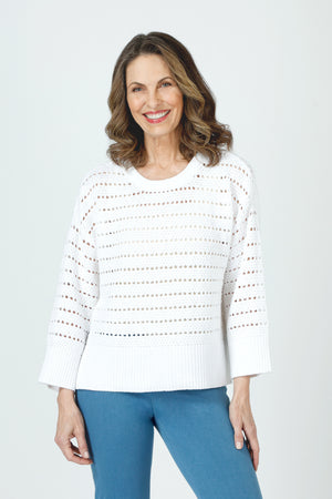 Ten Oh 8 Texture Crew Sweater in White.  Crew neck 3/4 sleeve sweater with deep rib at hem and cuff.  Horizontal pointelle stitching create stripe effect.  Dropped shoulder.  Rib trim at neck.  Side slits.  Relaxed fit._59988280050030