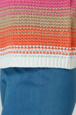 Ten Oh 8 Combo Stripe Sweater in Azalea.  Bright textured stripes in Azalea, orange and white. Crew neck with dolman cap sleeve.  White rib trim at neck hem and sleeve.  Relaxed fit._59988826259822