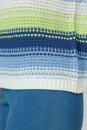 Ten Oh 8 Combo Stripe Sweater in Indigo.  Bright textured stripes in Indigo, light blue, lime and white. Crew neck with dolman cap sleeve.  White rib trim at neck hem and sleeve.  Relaxed fit._59988826358126