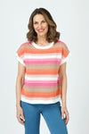 Ten Oh 8 Combo Stripe Sweater in Azalea.  Bright textured stripes in Azalea, orange and white. Crew neck with dolman cap sleeve.  White rib trim at neck hem and sleeve.  Relaxed fit._t_59988826128750