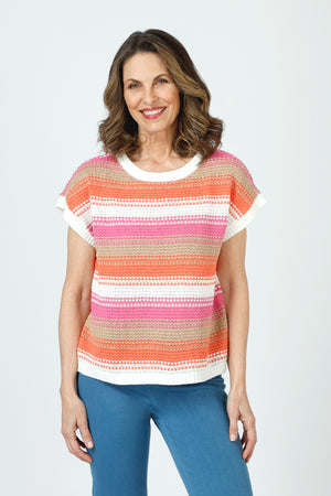 Ten Oh 8 Combo Stripe Sweater in Azalea.  Bright textured stripes in Azalea, orange and white. Crew neck with dolman cap sleeve.  White rib trim at neck hem and sleeve.  Relaxed fit._59988826128750