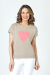 Ten Oh 8 Short Sleeve Big Heart Crew Sweater in Khaki.  Crew neck dolman cap sleeve sweater.  Pink intarsia heart in front.  Rib trim.  Relaxed fit._t_59988879147374