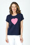 Ten Oh 8 Short Sleeve Big Heart Crew Sweater in Navy.  Crew neck dolman cap sleeve sweater.  Pink intarsia heart in front.  Rib trim.  Relaxed fit._t_59988879114606
