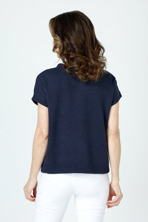 Ten Oh 8 Short Sleeve Big Heart Crew Sweater in Navy.  Crew neck dolman cap sleeve sweater.  Pink intarsia heart in front.  Rib trim.  Relaxed fit._59988879245678