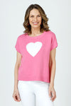 Ten Oh 8 Short Sleeve Big Heart Crew Sweater in Azalea.  Crew neck dolman cap sleeve sweater.  White intarsia heart in front.  Rib trim.  Relaxed fit._t_59988879180142