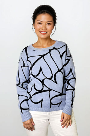 Ten Oh 8 Jacquard Hearts Pullover in Blue with black intarsia overlapping hearts.  Crew neck long sleeve sweater.  Solid rib trim at neck, hem and cuff.  Relaxed fit._61228801720686