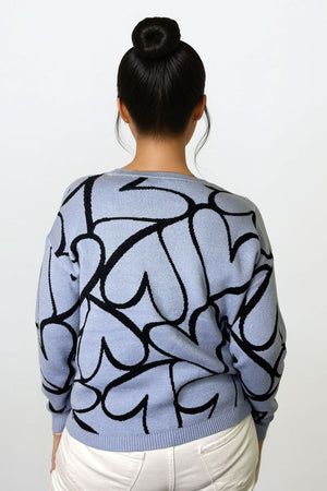 Ten Oh 8 Jacquard Hearts Pullover in Blue with black intarsia overlapping hearts.  Crew neck long sleeve sweater.  Solid rib trim at neck, hem and cuff.  Relaxed fit._61228801753454