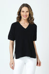 Ten Oh 8 Waffle Short Sleeve V Neck Sweater in Black.  V neck short sleeve waffle weave sweater with dropped shoulder.  Rib trim at neck hem and cuff.  Side slits.  Relaxed fit._t_59988217758062