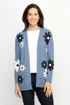Ten Oh 8 Flowers Open Cardi in Denim.  Soft fuzzy knit with applique daisies.  Open front with long sleeves.  Dropped shoulders.  Rib trim at hem and cuff.  Relaxed fit._t_61511914979694