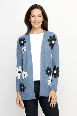 Ten Oh 8 Flowers Open Cardi in Denim.  Soft fuzzy knit with applique daisies.  Open front with long sleeves.  Dropped shoulders.  Rib trim at hem and cuff.  Relaxed fit._61511914979694