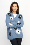 Ten Oh 8 Flowers Open Cardi in Denim.  Soft fuzzy knit with applique daisies.  Open front with long sleeves.  Dropped shoulders.  Rib trim at hem and cuff.  Relaxed fit._t_61511915012462
