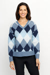 Ten Oh 8 Argyle V Neck Sweater in Blue.  Soft and fuzzy knit in shades of blue white diamonds.  V neck long sleeve sweater with dropped shoulder.  Rib trim at neck hem and cuff.  Relaxed fit._t_61511935426926