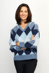 Ten Oh 8 Argyle V Neck Sweater in Blue.  Soft and fuzzy knit in shades of blue white diamonds.  V neck long sleeve sweater with dropped shoulder.  Rib trim at neck hem and cuff.  Relaxed fit._t_61511935459694