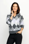 Ten Oh 8 Argyle V Neck Sweater in Grey.  Soft and fuzzy knit in shades of grey diamonds.  V neck long sleeve sweater with dropped shoulder.  Rib trim at neck hem and cuff.  Relaxed fit._t_61511935525230