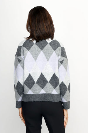 Ten Oh 8 Argyle V Neck Sweater in Grey.  Soft and fuzzy knit in shades of grey diamonds.  V neck long sleeve sweater with dropped shoulder.  Rib trim at neck hem and cuff.  Relaxed fit._61511935557998