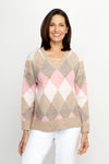 Ten Oh 8 Argyle V Neck Sweater in Tan.  Soft and fuzzy knit in shades of beige, pink and white diamonds.  V neck long sleeve sweater with dropped shoulder.  Rib trim at neck hem and cuff.  Relaxed fit._t_61511935590766
