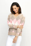 Ten Oh 8 Argyle V Neck Sweater in Tan.  Soft and fuzzy knit in shades of beige, pink and white diamonds.  V neck long sleeve sweater with dropped shoulder.  Rib trim at neck hem and cuff.  Relaxed fit._t_61511935623534
