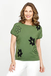 Ten Oh 8 Flowers Bateau Sweater in Basil green with Black intarsia flowers.  Boat neck with dolman short sleeve.  Rib trim at neck, hem and cuff.  Relaxed fit._t_60980063699310