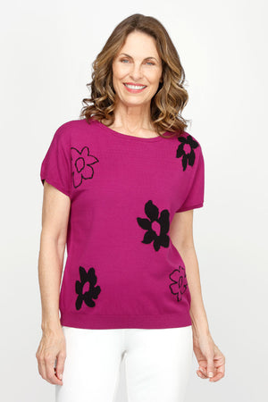 Ten Oh 8 Flowers Bateau Sweater in Plum with Black intarsia flowers.  Boat neck with dolman short sleeve.  Rib trim at neck, hem and cuff.  Relaxed fit._60980063764846