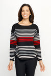 Ten Oh 8 Striped Boatneck Sweater in Black.  Narrow horizontal multi stripes in red, and shades of gray on a black background.  Boatneck knit with long sleeves and dropped shoulder.  Curved hem.  Ribbed trim at hem and cuff.  Relaxed fit._t_61512195375470