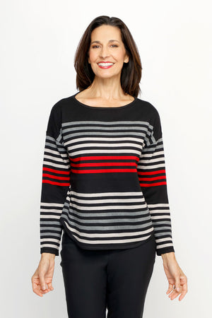 Ten Oh 8 Striped Boatneck Sweater in Black.  Narrow horizontal multi stripes in red, and shades of gray on a black background.  Boatneck knit with long sleeves and dropped shoulder.  Curved hem.  Ribbed trim at hem and cuff.  Relaxed fit._61512195375470