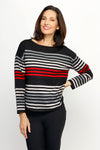 Ten Oh 8 Striped Boatneck Sweater in Black.  Narrow horizontal multi stripes in red, and shades of gray on a black background.  Boatneck knit with long sleeves and dropped shoulder.  Curved hem.  Ribbed trim at hem and cuff.  Relaxed fit._t_61512195408238