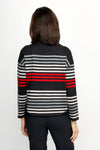 Ten Oh 8 Striped Boatneck Sweater in Black.  Narrow horizontal multi stripes in red, and shades of gray on a black background.  Boatneck knit with long sleeves and dropped shoulder.  Curved hem.  Ribbed trim at hem and cuff.  Relaxed fit._t_61512195441006