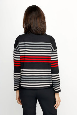 Ten Oh 8 Striped Boatneck Sweater in Black.  Narrow horizontal multi stripes in red, and shades of gray on a black background.  Boatneck knit with long sleeves and dropped shoulder.  Curved hem.  Ribbed trim at hem and cuff.  Relaxed fit._61512195441006