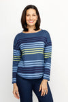 Ten Oh 8 Striped Boatneck Sweater in Denim.  Narrow horizontal multi stripes in navy, light blue and green on a denim blue background.  Boatneck knit with long sleeves and dropped shoulder.  Curved hem.  Ribbed trim at hem and cuff.  Relaxed fit._t_61512195473774