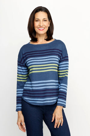 Ten Oh 8 Striped Boatneck Sweater in Denim.  Narrow horizontal multi stripes in navy, light blue and green on a denim blue background.  Boatneck knit with long sleeves and dropped shoulder.  Curved hem.  Ribbed trim at hem and cuff.  Relaxed fit._61512195473774
