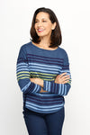 Ten Oh 8 Striped Boatneck Sweater in Denim.  Narrow horizontal multi stripes in navy, light blue and green on a denim blue background.  Boatneck knit with long sleeves and dropped shoulder.  Curved hem.  Ribbed trim at hem and cuff.  Relaxed fit._t_61512195506542