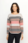 Ten Oh 8 Striped Boatneck Sweater in Oatmeal.  Narrow horizontal multi stripes in red, brown and black on a beige background.  Boatneck knit with long sleeves and dropped shoulder.  Curved hem.  Ribbed trim at hem and cuff.  Relaxed fit._t_61512195572078