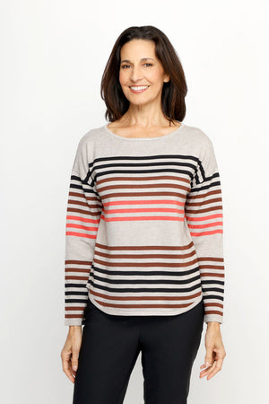 Ten Oh 8 Striped Boatneck Sweater in Oatmeal.  Narrow horizontal multi stripes in red, brown and black on a beige background.  Boatneck knit with long sleeves and dropped shoulder.  Curved hem.  Ribbed trim at hem and cuff.  Relaxed fit._61512195572078