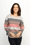 Ten Oh 8 Striped Boatneck Sweater in Oatmeal.  Narrow horizontal multi stripes in red, brown and black on a beige background.  Boatneck knit with long sleeves and dropped shoulder.  Curved hem.  Ribbed trim at hem and cuff.  Relaxed fit._t_61512195604846