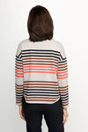 Ten Oh 8 Striped Boatneck Sweater in Oatmeal.  Narrow horizontal multi stripes in red, brown and black on a beige background.  Boatneck knit with long sleeves and dropped shoulder.  Curved hem.  Ribbed trim at hem and cuff.  Relaxed fit._t_61512195637614