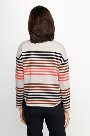 Ten Oh 8 Striped Boatneck Sweater in Oatmeal.  Narrow horizontal multi stripes in red, brown and black on a beige background.  Boatneck knit with long sleeves and dropped shoulder.  Curved hem.  Ribbed trim at hem and cuff.  Relaxed fit._61512195637614