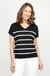 Ten Oh 8 Striped V Neck Sweater in Black with White stripes.  V neck dolman short sleeve knit with rib trim at neck and hem.  Horizontal stripes.  Relaxed fit._t_60979934855534