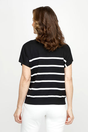 Ten Oh 8 Striped V Neck Sweater in Black with White stripes.  V neck dolman short sleeve knit with rib trim at neck and hem.  Horizontal stripes.  Relaxed fit._60979934888302